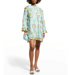 Mestiza New York Floral Lace Flower Ornament Dress Blue Applique Bell Sleeve S